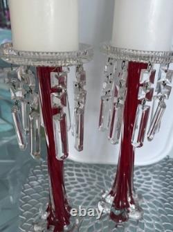 Vtg Ruby Red Hand-blown Glass Candleabras with Cut Crystal Prisms
