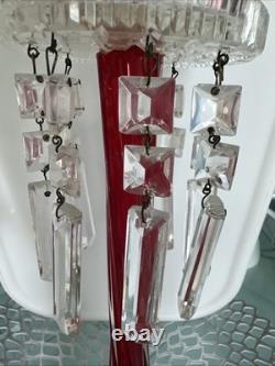 Vtg Ruby Red Hand-blown Glass Candleabras with Cut Crystal Prisms