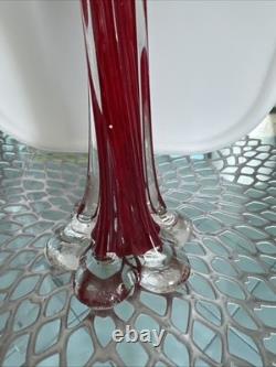 Vtg Ruby Red Hand-blown Glass Candleabras with Cut Crystal Prisms
