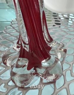 Vtg Ruby Red Hand-blown Glass Candleabras with Cut Crystal Prisms