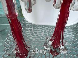 Vtg Ruby Red Hand-blown Glass Candleabras with Cut Crystal Prisms