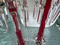 Vtg Ruby Red Hand-blown Glass Candleabras with Cut Crystal Prisms