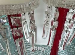 Vtg Ruby Red Hand-blown Glass Candleabras with Cut Crystal Prisms