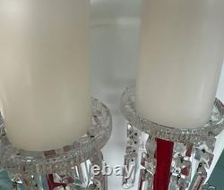 Vtg Ruby Red Hand-blown Glass Candleabras with Cut Crystal Prisms