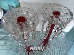 Vtg Ruby Red Hand-blown Glass Candleabras with Cut Crystal Prisms