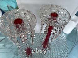 Vtg Ruby Red Hand-blown Glass Candleabras with Cut Crystal Prisms