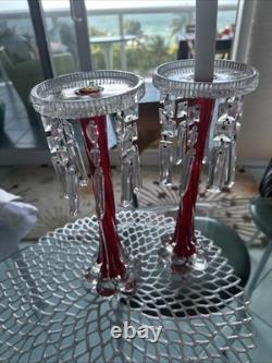 Vtg Ruby Red Hand-blown Glass Candleabras with Cut Crystal Prisms