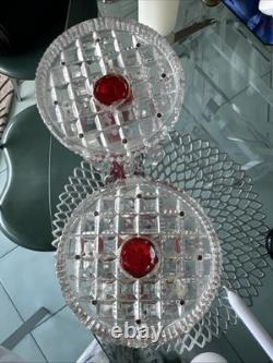 Vtg Ruby Red Hand-blown Glass Candleabras with Cut Crystal Prisms