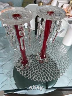 Vtg Ruby Red Hand-blown Glass Candleabras with Cut Crystal Prisms