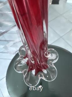 Vtg Ruby Red Hand-blown Glass Candleabras with Cut Crystal Prisms
