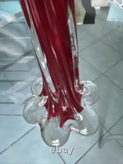 Vtg Ruby Red Hand-blown Glass Candleabras with Cut Crystal Prisms