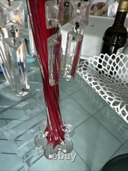 Vtg Ruby Red Hand-blown Glass Candleabras with Cut Crystal Prisms