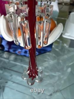 Vtg Ruby Red Hand-blown Glass Candleabras with Cut Crystal Prisms