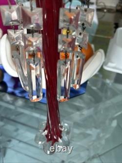 Vtg Ruby Red Hand-blown Glass Candleabras with Cut Crystal Prisms