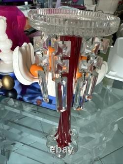 Vtg Ruby Red Hand-blown Glass Candleabras with Cut Crystal Prisms
