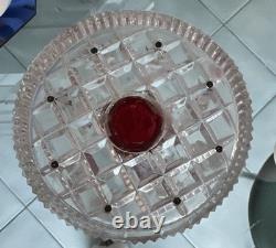 Vtg Ruby Red Hand-blown Glass Candleabras with Cut Crystal Prisms