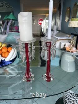 Vtg Ruby Red Hand-blown Glass Candleabras with Cut Crystal Prisms