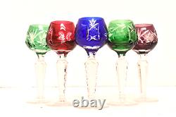 Vtg Set 5 Bohemian Czech Cut To Clear Crystal Cordial Wine Glasses Multi Color