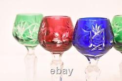 Vtg Set 5 Bohemian Czech Cut To Clear Crystal Cordial Wine Glasses Multi Color