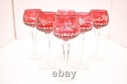Vtg Set 6 Bohemian Czech Cut To Clear Crystal Wine Glasses Hocks 7.5 Cranberry
