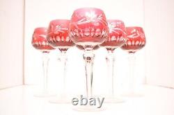 Vtg Set 6 Bohemian Czech Cut To Clear Crystal Wine Glasses Hocks 7.5 Cranberry