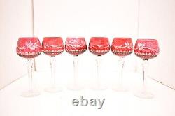 Vtg Set 6 Bohemian Czech Cut To Clear Crystal Wine Glasses Hocks 7.5 Cranberry