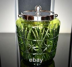 WMF Art Nouveau Best Nickel Silver Plated Biscuit Box Green Cut Crystal Glass