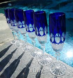 WOW! Godinger Mouth Blown Hand Cut Cased Crystal Cobalt Blue Champagne Flutes