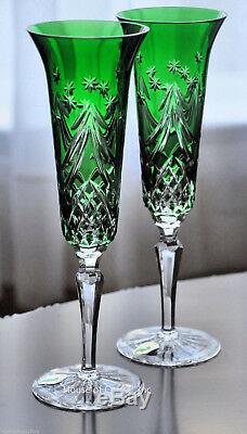 Waterford Emerald Green Cut to Clear Crystal Holiday Wine Champagne Flutes New