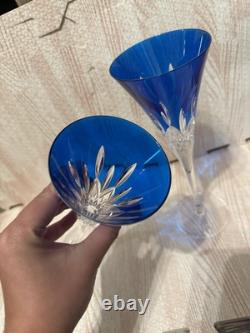 Waterford Lismore Set Two Champagne Glasses Crystal Cut Blue Color