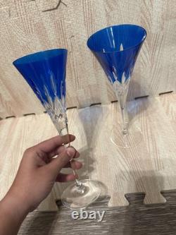 Waterford Lismore Set Two Champagne Glasses Crystal Cut Blue Color
