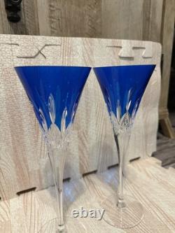 Waterford Lismore Set Two Champagne Glasses Crystal Cut Blue Color