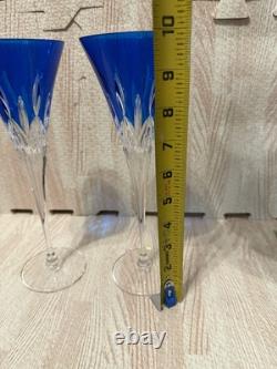 Waterford Lismore Set Two Champagne Glasses Crystal Cut Blue Color