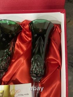 Waterford Merry Christmas Emerald Green Cut to Clear Crystal Champagne Glasses