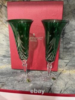 Waterford Merry Christmas Emerald Green Cut to Clear Crystal Champagne Glasses