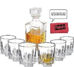 Whisky Alcohol Decanter Set Glass Cut No Lead 7 Piece Rocks Italian Made Crystal