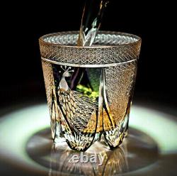 Whisky Glass Japan Style Cut Crystal Edo Kiriko Glass Tumbler Green Peacock 11oz
