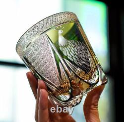 Whisky Glass Japan Style Cut Crystal Edo Kiriko Glass Tumbler Green Peacock 11oz
