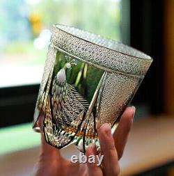 Whisky Glass Japan Style Cut Crystal Edo Kiriko Glass Tumbler Green Peacock 11oz