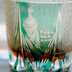 Whisky Glass Japan Style Cut Crystal Edo Kiriko Glass Tumbler Green Peacock 11oz