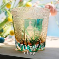 Whisky Glass Japan Style Cut Crystal Edo Kiriko Glass Tumbler Green Peacock 11oz