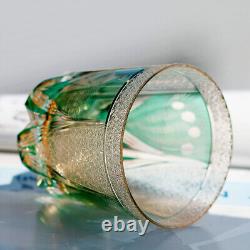 Whisky Glass Japan Style Cut Crystal Edo Kiriko Glass Tumbler Green Peacock 11oz