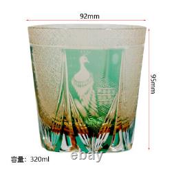 Whisky Glass Japan Style Cut Crystal Edo Kiriko Glass Tumbler Green Peacock 11oz