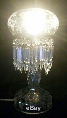 Working Antique Cut Crystal Boudoir Lamp with Mushroom Shade and Numerous Prisms