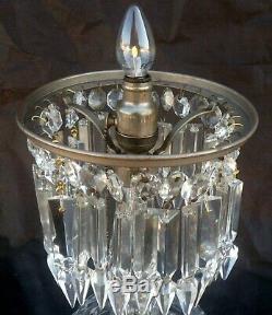 Working Antique Cut Crystal Boudoir Lamp with Mushroom Shade and Numerous Prisms