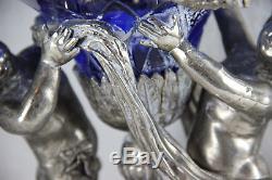 XXL rare pair Blue crystal glass cut Centerpiece coupe bowl putti silver patina