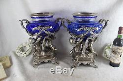 XXL rare pair Blue crystal glass cut Centerpiece coupe bowl putti silver patina